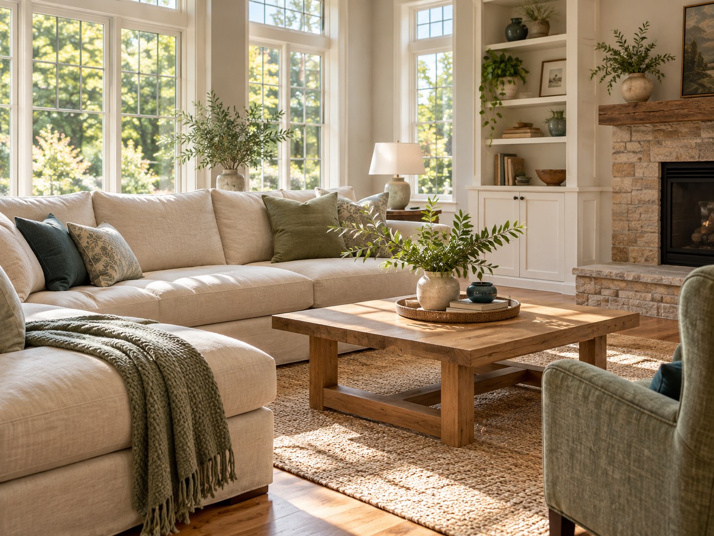 A bright, welcoming living room with a cream sofa and natural wood furnishings